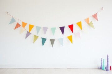 A white wall with a garland of colorful flags. Generative AI.