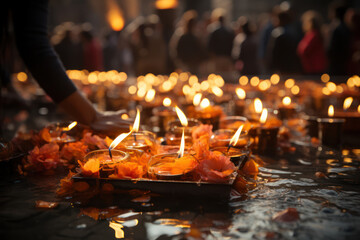 Eternal Flames. Devotees lighting eternal flames as a symbol of continuous devotion in the culture of faith. Generative Ai. - obrazy, fototapety, plakaty