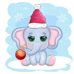 Cute cartoon elephant, childish character with beautiful eyes wearing santa hat, scarf, holding gift, christmas ball