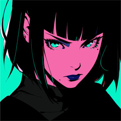 Fototapeta premium Dark-haired angry cool anime woman with short haircut. Retro comic book style vector illustration.