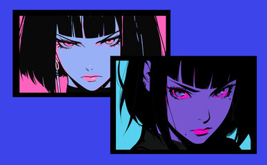 Dark-haired angry cool anime woman with short haircut. Retro comic book style vector illustration.