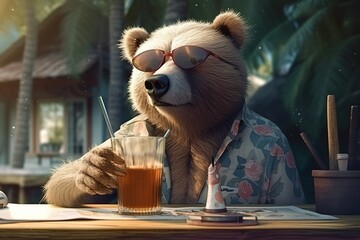 A bear sitting at a table with sunglasses and drinks fresh drink  - obrazy, fototapety, plakaty
