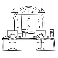 Sketch of an indoor office design with lamps desk and chairs Vector