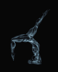 female bodybuilder is doing a scorpion with crow yoga pose in white background