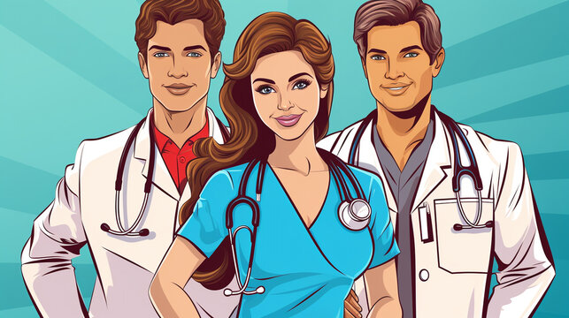 Doctor therapist medicine and health. Profession white coat stethoscope pop art retro style