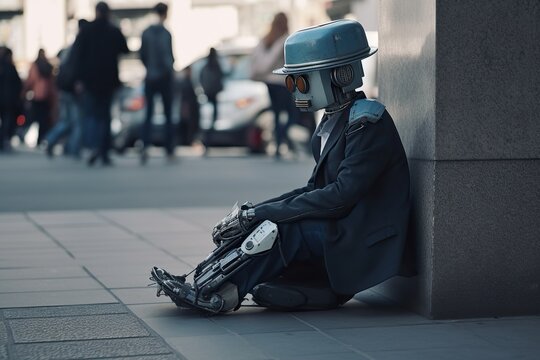 a robot sitting on the pavement having no job and money