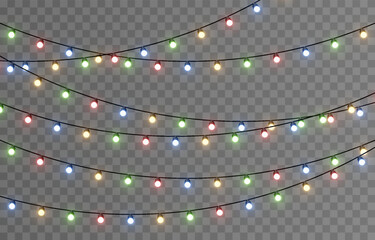 Vector Christmas lights. Christmas garland PNG. Christmas lights PNG. Christmas decoration, colorful LED lamps.