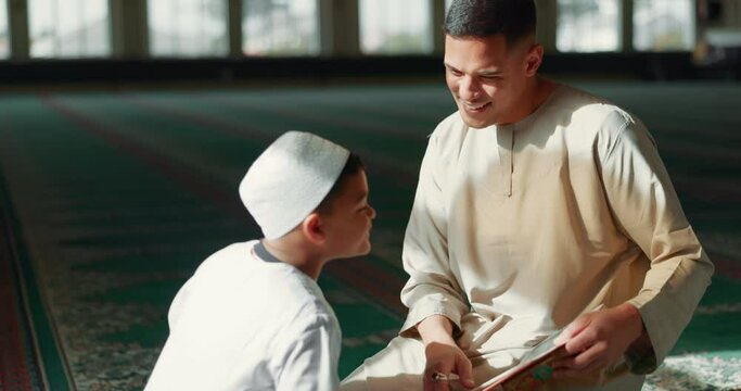Muslim, high five in a mosque and a father with his son to study the quran for faith, belief or religion together. Family, kids and ramadan with a man teaching his boy child about islamic success