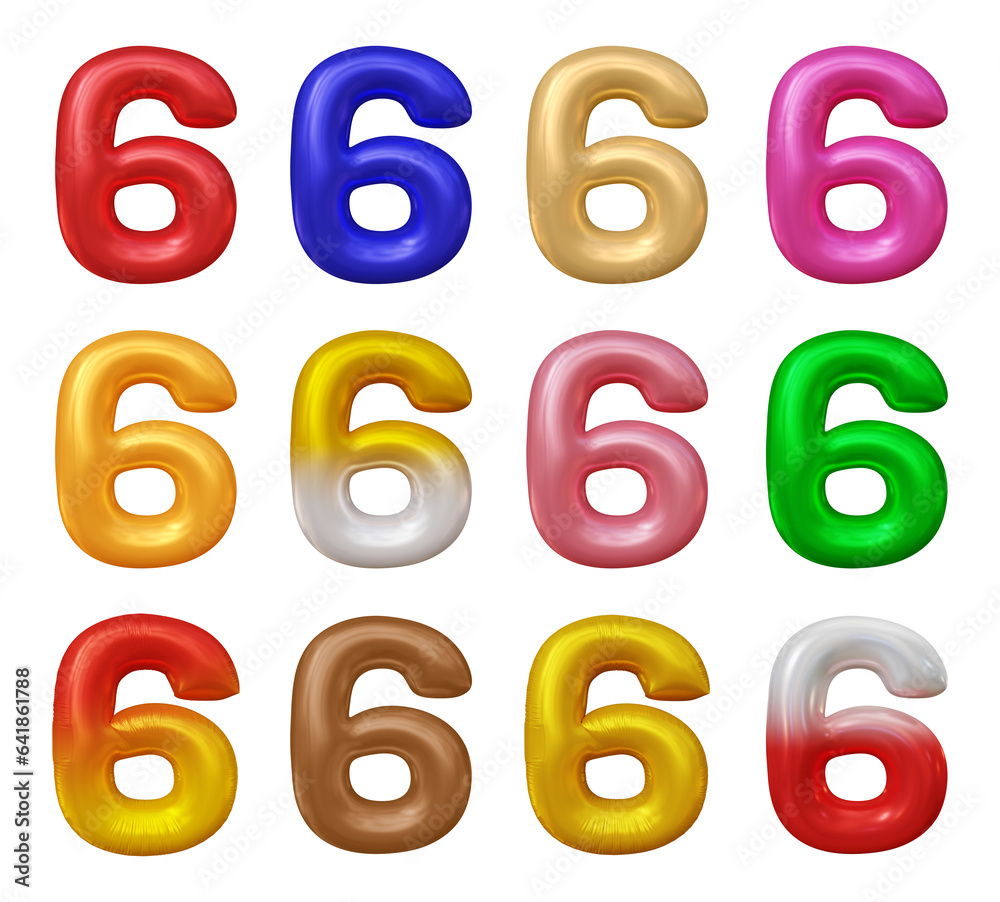 Poster set of number 6 in 3d rendering isolated on transparent background for math, business and education 