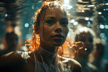 Unity in Motion. Synchronized swimmers create mesmerizing patterns, reflecting teamwork and athleticism. Generative Ai.