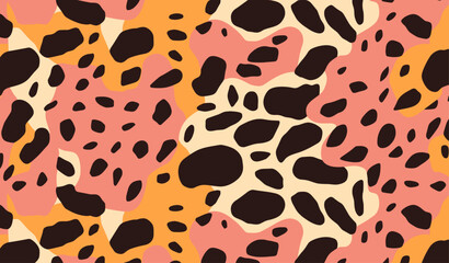 Retro texture animal print seamless pattern combined with striking black and pink shapes, echoing the 60s and 70s, perfect for clothing and home deco.
