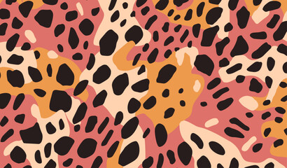 Retro texture animal print seamless pattern adorned with bold black and pink shapes, harking back to the 60s and 70s, suitable for clothing and home deco.
