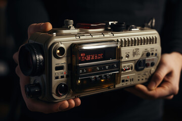 Fototapeta premium A person poses with a vintage camcorder, capturing the essence of documenting life in the Y2K era and embracing nostalgia. Generative Ai.