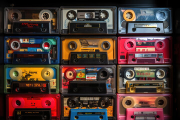 Fototapeta premium A display of mixtape covers and CDs reflects the music culture of the Y2K era, invoking a sense of musical nostalgia. Generative Ai.