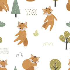 Seamless pattern with cute foxes and autumn trees on a white background for children's textiles