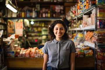 Portrait of a young woman working as a cashier or clerk in a bodega store in New York