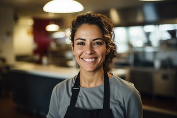 Smiling portrait of a young caucasian female chef working in a restaurant kitchen