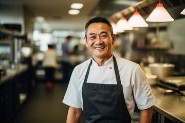 Portrait of a middle aged asian chef working in a high end restaurant kitchen