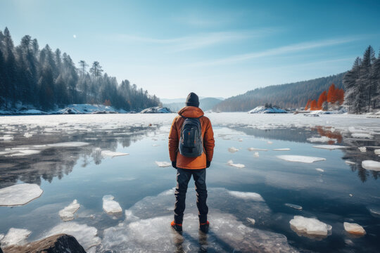A person stands on the edge of a frozen lake, about to drop a fishing line into an ice hole for a day of peaceful ice fishing. Generative Ai.