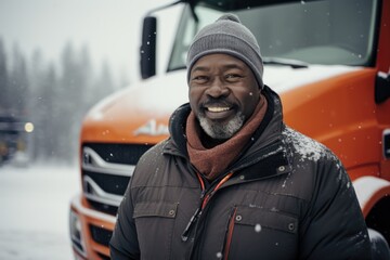 Smiling portrait of a middle aged african american truck driver standing next to his truck during winter in the US or Canada