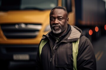 Fototapeta na wymiar Portrait of a middle aged african truck driver standing outside of his truck