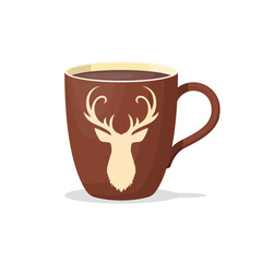 brown cup with cocoa. mug with a deer. new year's mug. vector image on a white background.