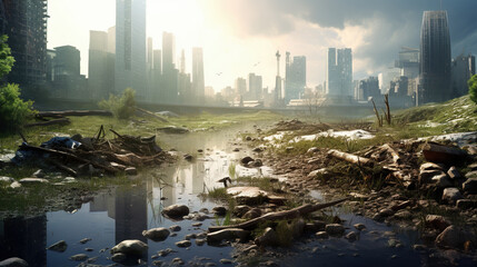 abandoned waste land in an overgrown big city, ecology and pollution concept, generative AI - obrazy, fototapety, plakaty