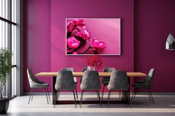 Table with chairs in a dining room with a flower ,Viva magenta wall background , interior design concept