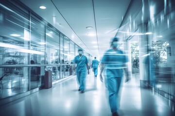 Fototapeta na wymiar Abstract long exposure of a hospital corridor with doctors and nurses captured in motion