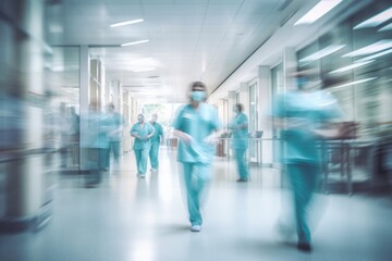 Abstract long exposure of a hospital corridor with doctors and nurses walking