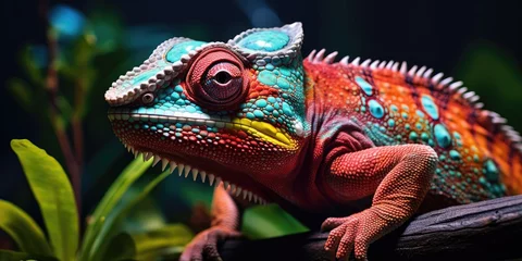 Foto op Canvas A cute red chameleon with blue spots sits on a branch. Generative AI © 22_monkeyzzz