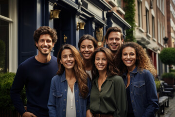 A group of friends stands in front of a charming townhouse they co-purchased, exemplifying the concept of fractional ownership in real estate. Generative Ai.