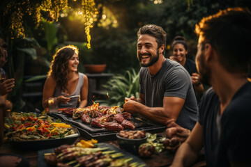 Fototapeta premium A group of co-owners enjoys a barbecue in the backyard of their shared property, strengthening the sense of camaraderie and community. Generative Ai.