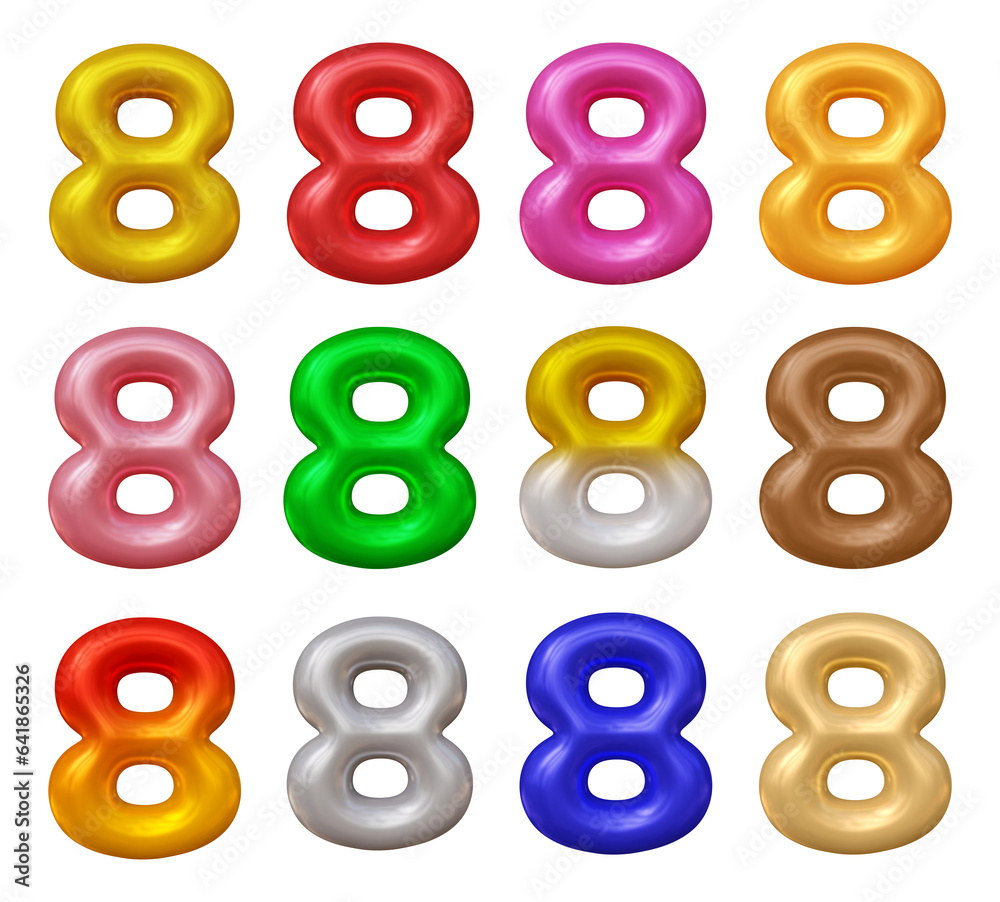 Poster set of number 8 in 3d rendering isolated on transparent background for math, business and education 
