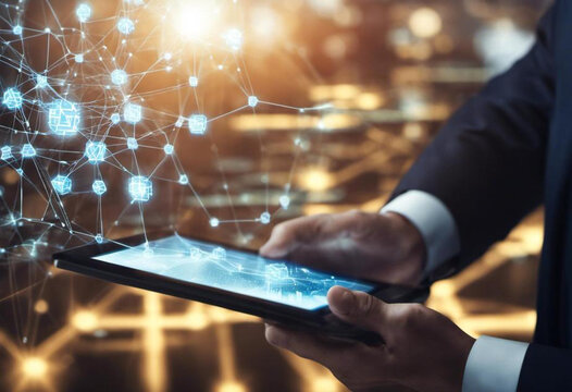 A businessman holding a tablet and looking at a virtual blockchain network with data fields floating around him. A close up shoot of hands and tablet generative AI