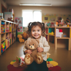 Mała dziewczynka, trzymająca misia, siedząca w sali przedszkolnej