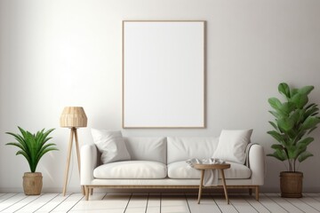 Scandinavian living room interior with blank frame mock up on wall with minimalist furniture couch blanket white