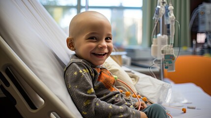 Bald boy with cancer smiling in hospital