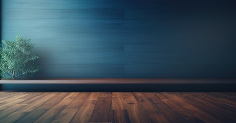 cerulean wall with dark polished wood floor, resonating a serene afternoon ambiance
