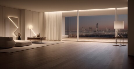 pure white expanse complemented by a dark chestnut floor, a hint of light from a thin