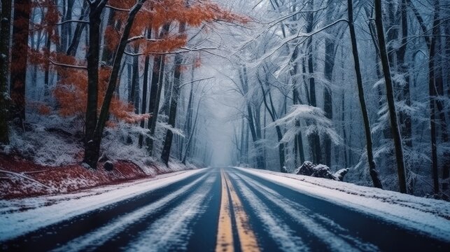 The picture shows a beautiful long road in the winter season, studded with trees covered with snow