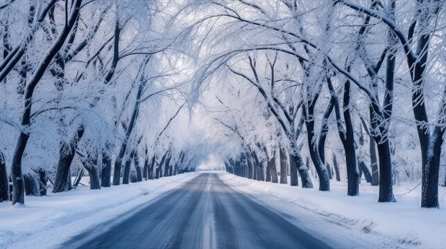The picture shows a beautiful long road in the winter season, studded with trees covered with snow