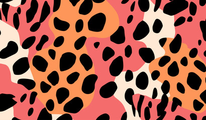 Vibrant seamless leopard print with black-pink shapes, inspired by 60s-70s. Ideal for fashion/home decor.
