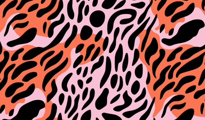 Bright seamless pattern with leopard print, adorned by contrasting black-pink shapes. Embrace the 60s-70s style for fashion and home decor.
