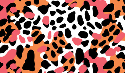 Fototapeta na wymiar Bright seamless pattern with leopard print and artistic black-pink shapes. Inspired by the 60s-70s, perfect for clothing and home decor. 
