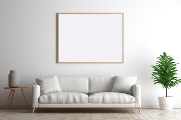 Scandinavian living room interior with blank frame mock up on wall with minimalist furniture couch blanket white 