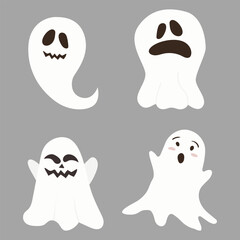Happy Halloween, Ghost, Scary white ghosts. Cute cartoon spooky character. Smiling face, hands. Blue background Greeting card.