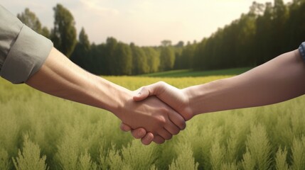 handshake of two men in shirt on the background of a field with tall green grass