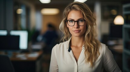 confident blonde woman professional in casual dress in an accounting office - obrazy, fototapety, plakaty