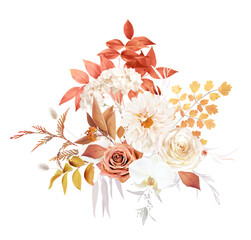 Red, rust, beige, white flowers, brown rose,white dahlia, orchid, hydrangea flower, fall grass, fern, dried leaves